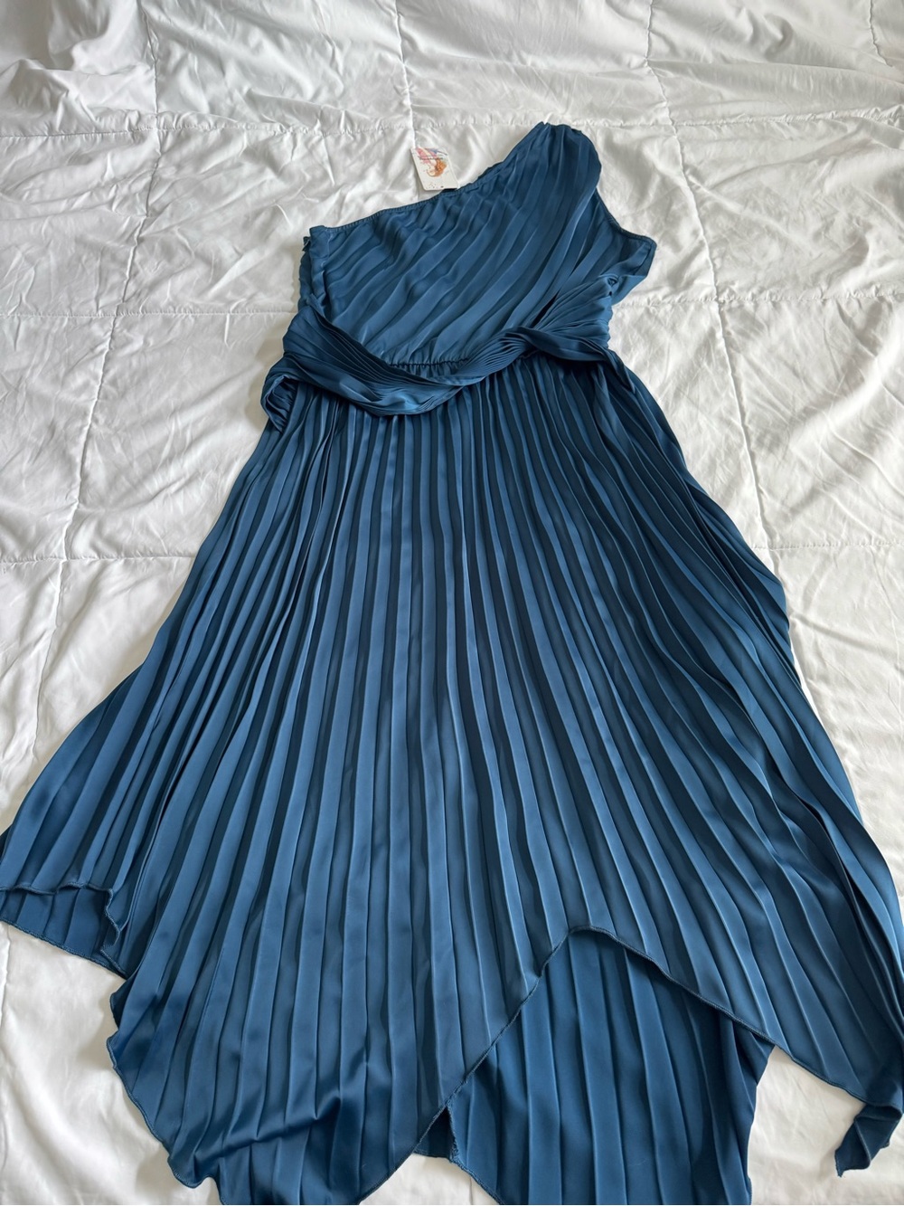One-Shoulder Pleated Asymmetrical Dress in Teal Blue